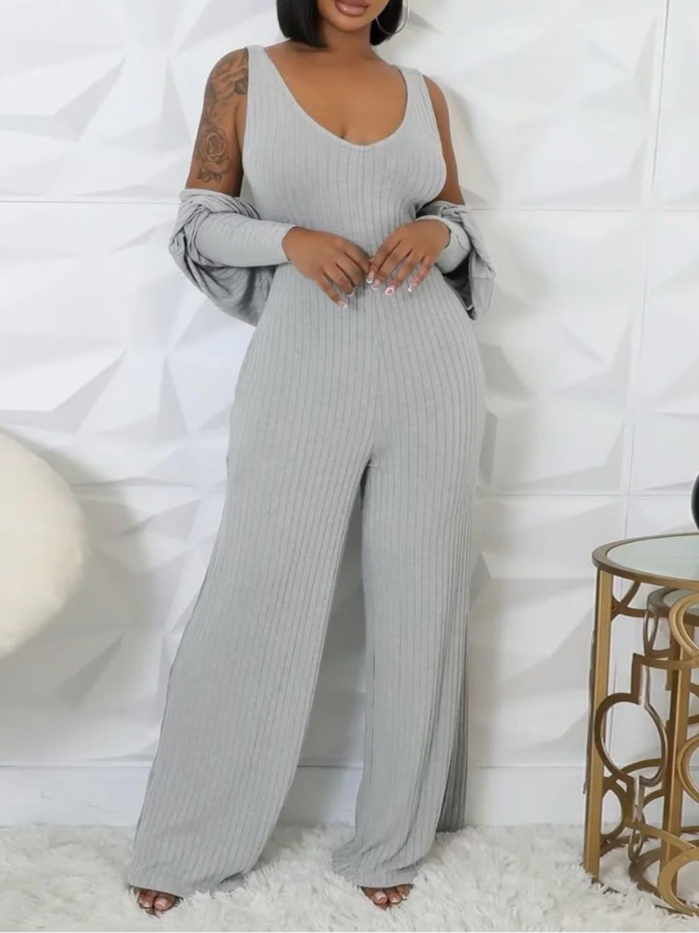 Oversized Sleeveless Ribbed Wide-Leg Jumpsuit in Light Gray